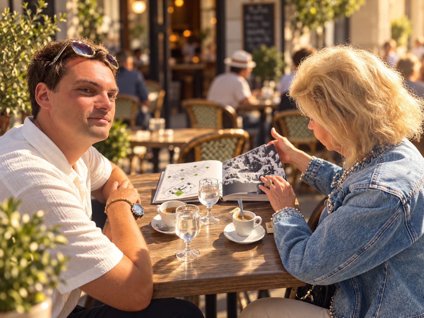 Souvenirs partagés en famille sur une terrasse ensoleillée, transmission de la mémoire familiale