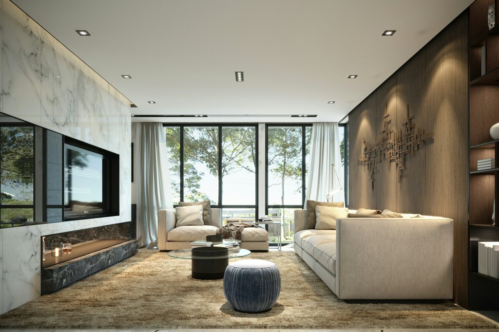 Salon moderne avec grandes fenêtres - photo d'illustration, programmes GreenCity Immobilier
