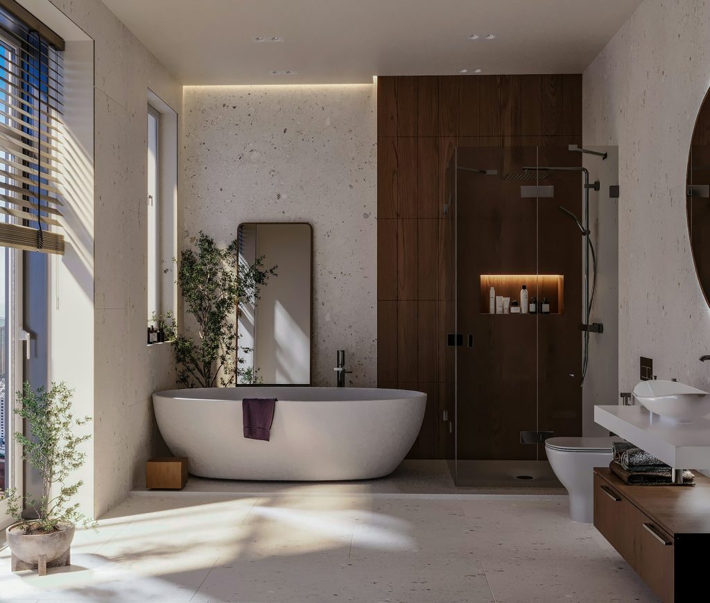 Salle de bain avec baignoire et grande fenêtre - photo d'illustration, programmes Icade