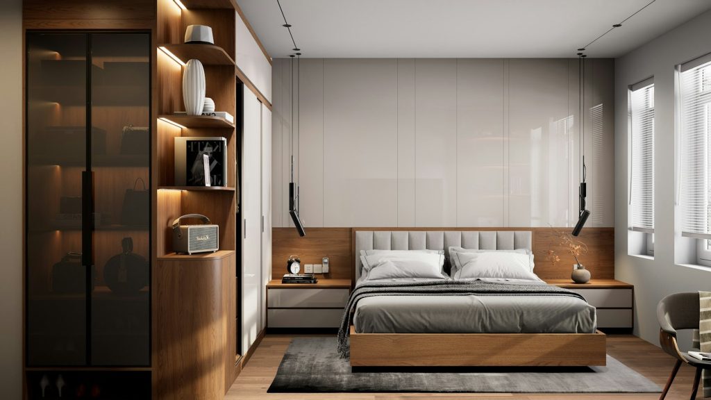 Chambre moderne aux finitions bois et éclairage tamisé - photo d'illustration, programmes Kaufman & Broad