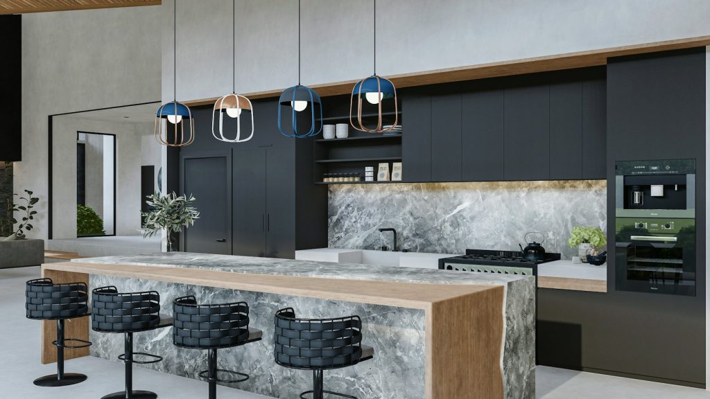 Cuisine moderne avec plans de travail en marbre - photo d'illustration, programmes Les Nouveaux Constructeurs