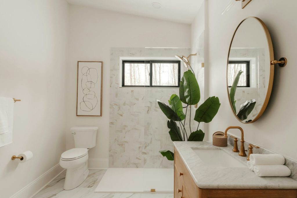Salle de bain avec marbre et grande plante - photo d'illustration, programmes Les Nouveaux Constructeurs