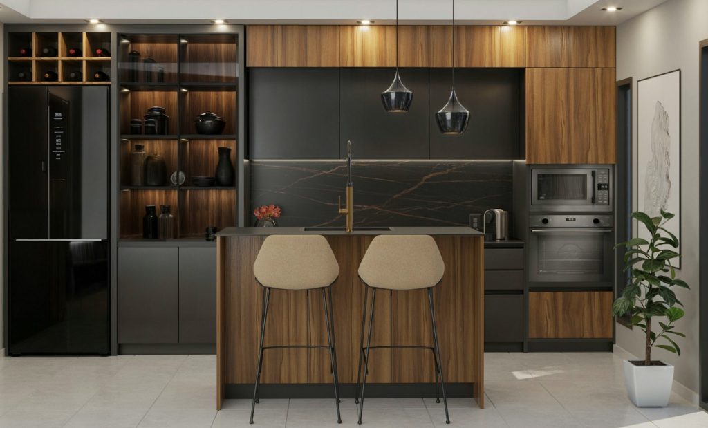 Cuisine moderne avec îlot et tabourets de bar - photo d'illustration, programmes Marignan