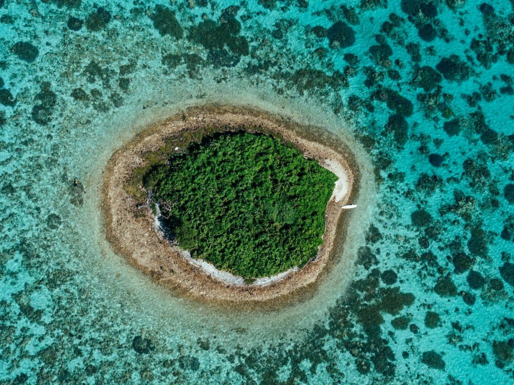 Vue aérienne d'une île au milieu de l'océan Pacifique - photo d'illustration, monteurs Girardin industriel