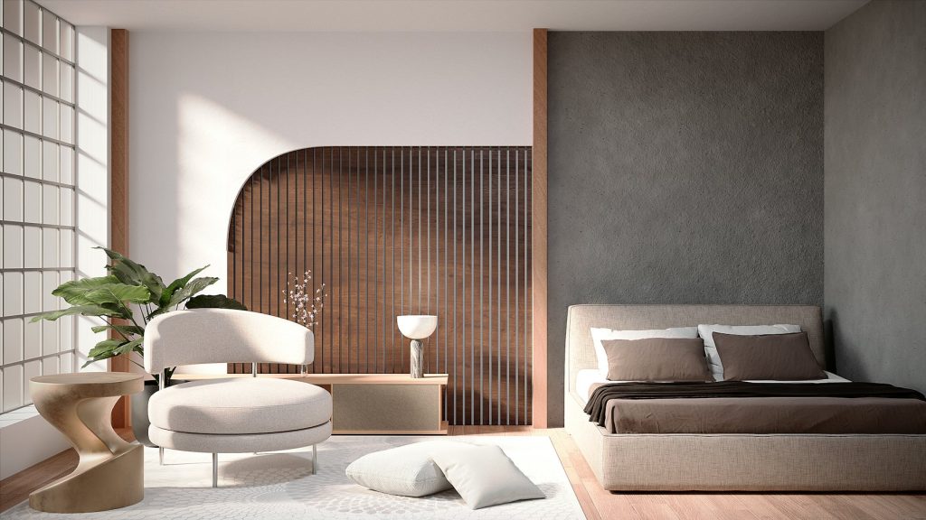 Chambre moderne avec lit et fauteuil - photo d'illustration, programmes Pichet