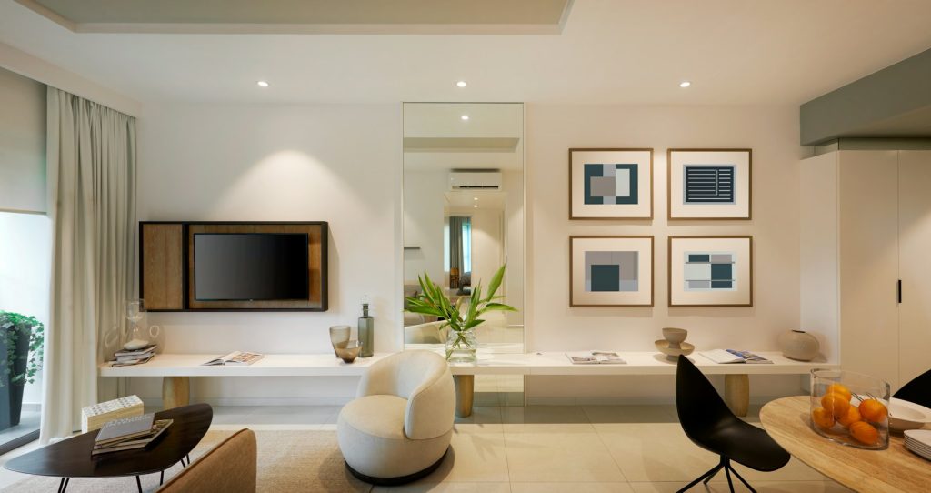 Salon moderne avec télévision et œuvres abstraites - photo d'illustration, programmes Urbat